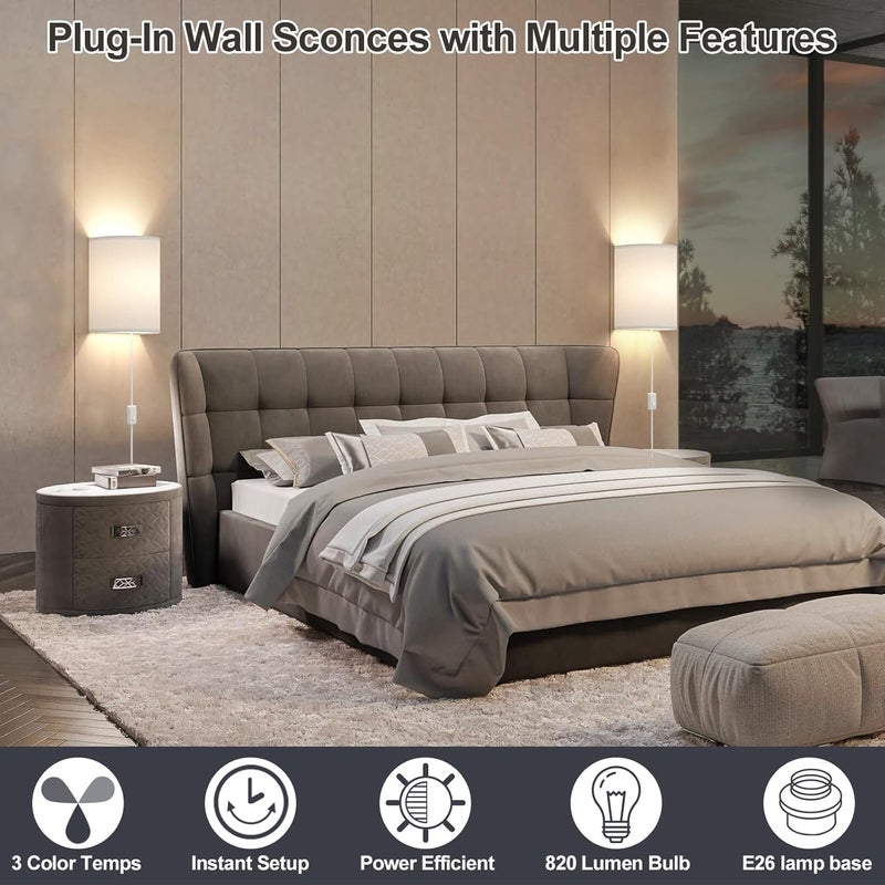 Yunaking Plug in Wall Sconces Set of Two: Wall Lights with On/Off Switch - Stepless Color Temperature Wall Mount Lamps - Fabric Linen Wall Sconce for Bedroom Living Room & Hallway- Indoor Corded Wall Sconces - Image 2